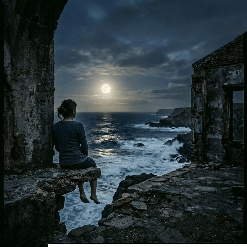 Remove floodwater; make plants smaller than people Person standing under stone arches looking at full moon over ocean at night