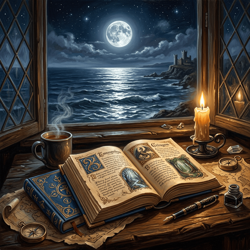 Open illustrated spellbook, candle, compass, and coffee overlooking a moonlit sea
